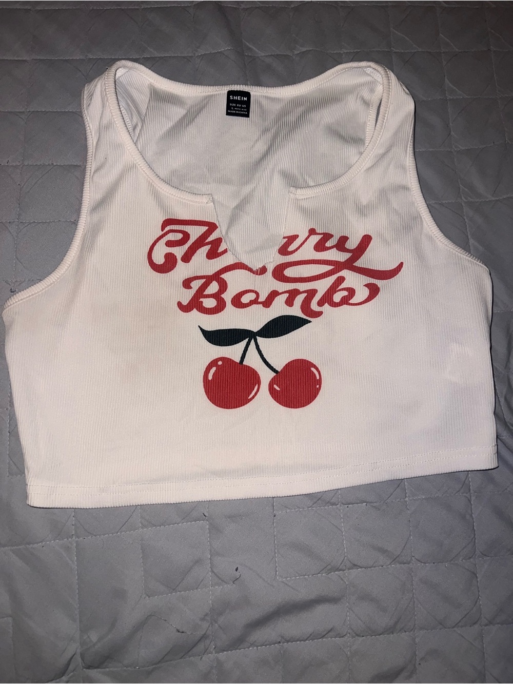 SHEIN White Ribbed Cherry Bomb Crop Tank with Red Graphic